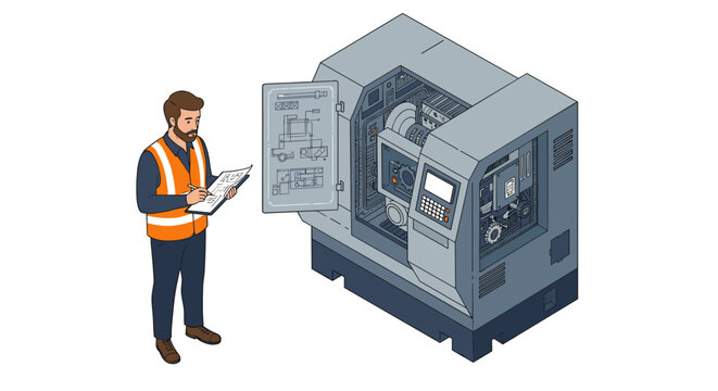 Engineer inspecting industrial cnc machine for maintenance task evaluation vector illustration isometric