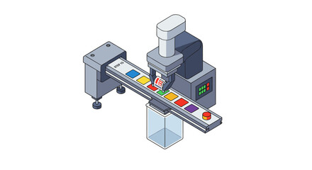 Automated robotics and conveyor system with color sorting machine for industrial production efficiency vector illustration isometric