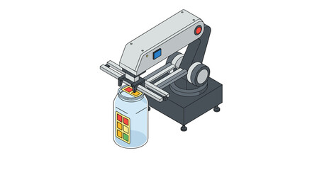 Automated robotic arm filling jar in modern industry for packaging innovation vector illustration isometric
