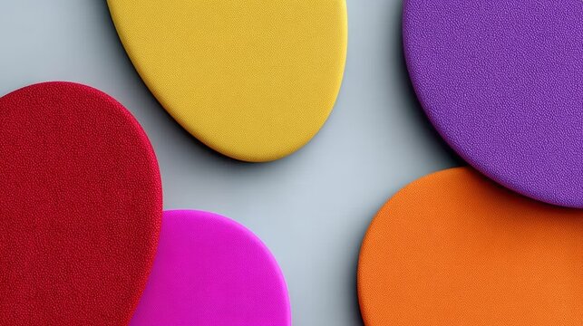 Collection of colorful foam balls arranged in a circle. The colors are red, yellow, and purple