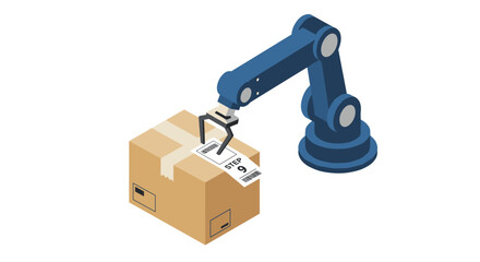 Robotic arm handling cardboard box for automation in warehouse logistics vector illustration isometric
