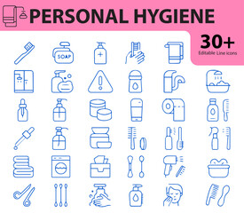 Personal Hygiene Line Icon Set,  Editable Vector Icons for Cleanliness, Health, and Daily Care Routines

