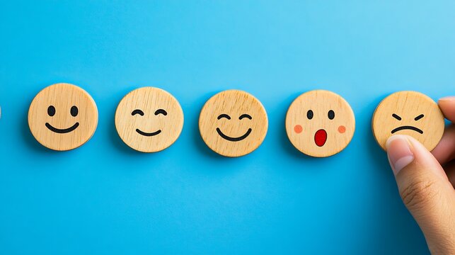 Wooden emoji faces showing different emotional expressions on blue background

