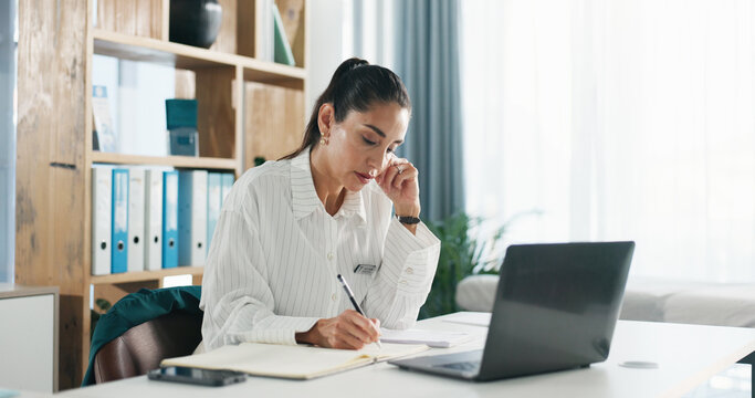 Research, notes and healthcare consultant with laptop, medical schedule, report or administration. Woman, planning ideas and writing online assessment document in office with health insurance agent