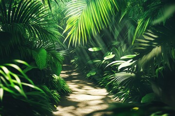 Sunlit path through lush tropical foliage.