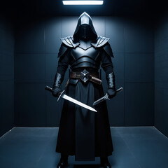Cosplayer in the image of executioner stands in dark room with knife