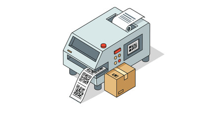 Barcode label printer with qr code and package for shipping and logistics design vector illustration isometric