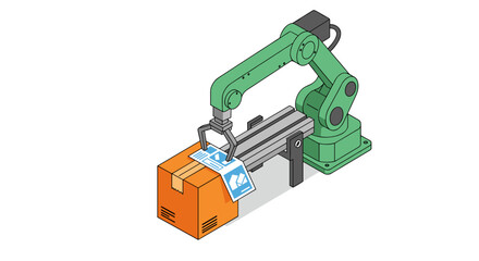 Industrial warehouse automation with robotic arms for efficient package handling vector illustration isometric