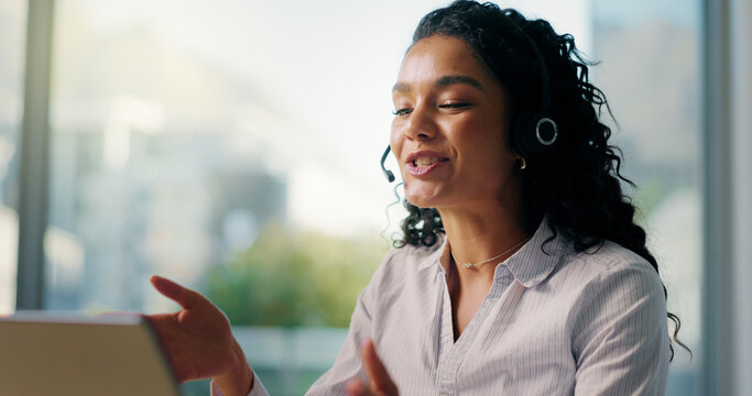 Customer service, talking and woman on laptop with headset for consulting, help and contact us. Professional, computer and person for virtual assistance, online communication or crm support in office