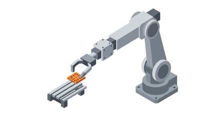 Robotic arm with gripping mechanism holding orange gear for industrial automation and manufacturing design vector illustration isometric