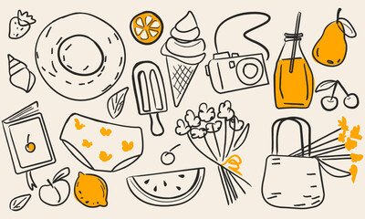 Summer Vacation Drawings Set in Trendy Line Art Doodles Sketch Style. Hand Drawn Vacation Elements Collection Vector Illustration. Doodle Sketch Coastal Elements. Hat, Ice Cream, Swimsuit, Drink