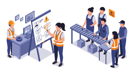 Workplace safety and teamwork in manufacturing environment for productivity vector illustration isometric