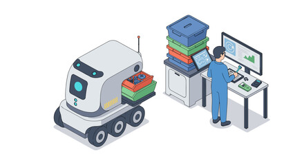 Fototapeta premium Autonomous robot sorting packages with operator in modern warehouse vector illustration isometric
