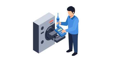 Technician operating cnc machine with control panel for precision manufacturing vector illustration isometric
