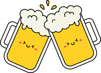 Cute Cartoon Beer Mugs – Kawaii Style Foamy Beer Illustrations with Faces and Cheers
