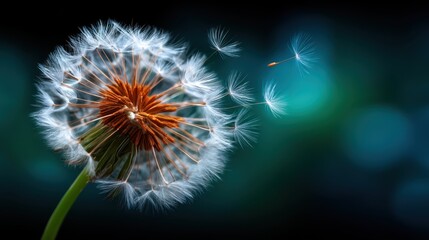 A close-up of a dandelion flower with seeds floating softly in the air, capturing the beauty and fragility of nature in an ethereal light-filled setting.