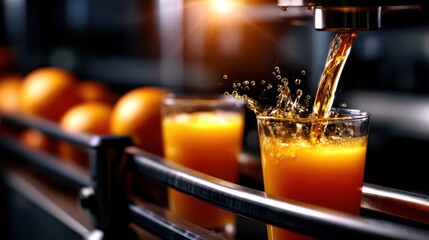 Juicy orange segments are processed into a refreshing glass of orange juice, showcasing the essence of freshness and a healthy lifestyle in every droplet.