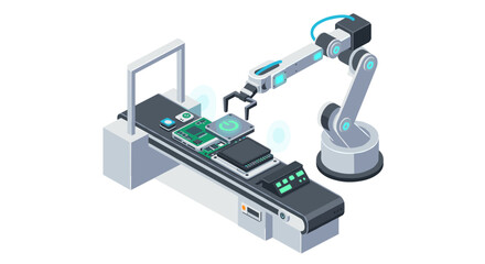 Futuristic robotics and automation in electronic assembly line design vector illustration