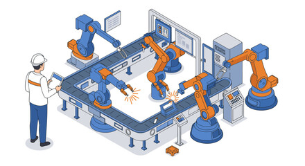 Fototapeta premium Automated industrial robotics system with conveyor belt for efficient manufacturing process vector illustration