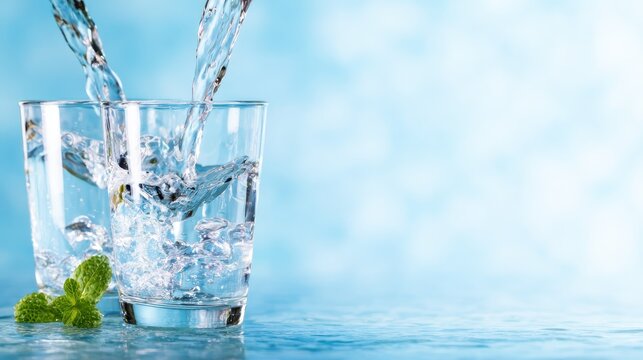Sparkling water is being poured into two clear glasses with mint leaves, creating a refreshing and invigorating scene, perfect for hydration or summer beverage themes.