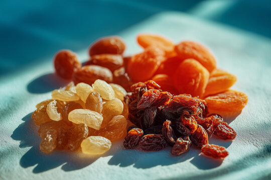 Assorted Dried Fruits on Blue. Close-up of assorted dried fruits on a blue background, perfect for healthy eating promotions or nutrition content.
