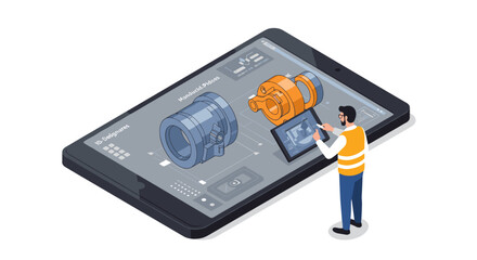 Augmented reality engineering design tablet with industrial parts and interactive interface vector illustration