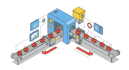 Obraz premium Automated factory production line with conveyor system and digital interface vector illustration