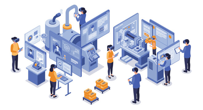 Futuristic technology and automation in a collaborative workspace design vector illustration