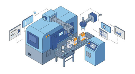 Obraz premium Automated industrial production line with robotic arm and packaging machinery for manufacturing efficiency vector illustration