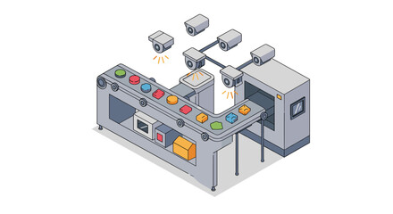 Automated factory conveyor belt with quality control cameras for efficient production vector illustration