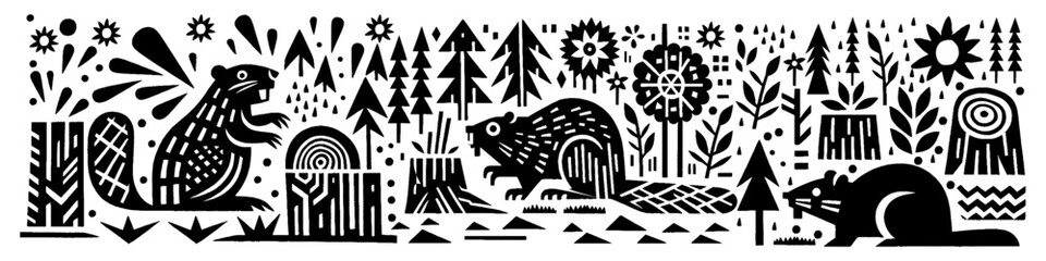 Hand‑Drawn Squirrel and Trees Wood Illustration, Tribal Forest Folk Art Pattern Vector for Wildlife and Woodland Nature Themes Design