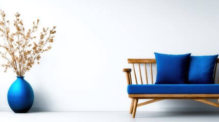 A modern living room featuring a stylish blue sofa and a complementary vase emphasizes simplicity and elegance in design, creating a calming atmosphere for relaxation.