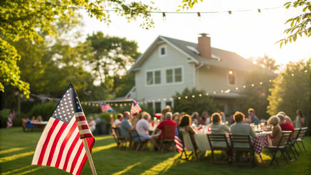 Family outdoor summer American flag celebration gathering backyard sunlight. Kid celebrating 4th of July, family gathering USA patriotic moment