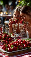 Friends enjoy bubbly & strawberries outdoors