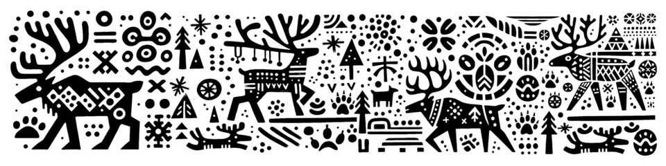 Hand‑Drawn Reindeer Illustration, Tribal Winter Folk Art Pattern Vector for Holiday and Forest Wildlife Themes Design