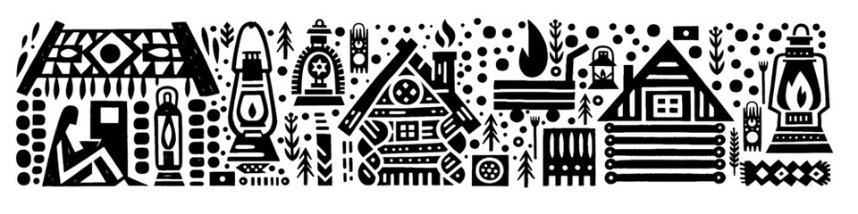 Hand‑Drawn Traditional Lantern and Wood House Illustration, Tribal Rustic Folk Art Pattern Vector for Village and Countryside Living Themes Design