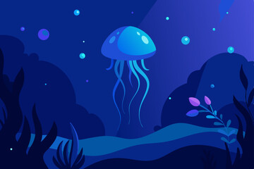 Naklejka premium Enchanted Underwater Scene Bioluminescent Jellyfish in a Deep Sea Fantasy
