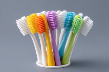 A collection of colorful toothbrushes stands in a white holder showcasing various shades of bristles and handles against a plain gray background