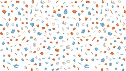 Scattered school supplies in blue orange and white forming a pattern on a white background design theme