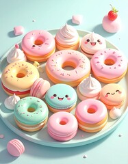 Cute 3D render of a dessert platter with smiling donuts, pastel macarons with kawaii