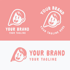 Cute retro cartoon girl logo in pink and white. Perfect for kid-friendly branding, girly products, or playful merchandise. Provided in editable EPS vector format for versatile design use