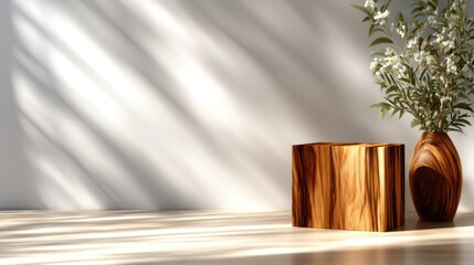 This image captures a sophisticated still life arrangement featuring a wooden block and a beautiful vase with fresh flowers, embodying elegance and nature's beauty.