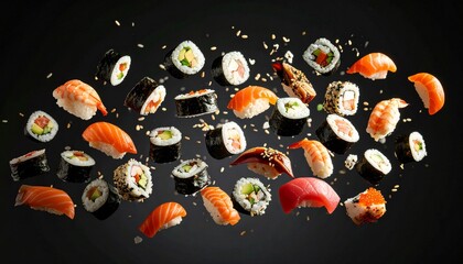 delicious sushi , floating in the air