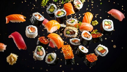 sushi set on black background
