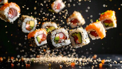 Delicious sushi , floating in the air