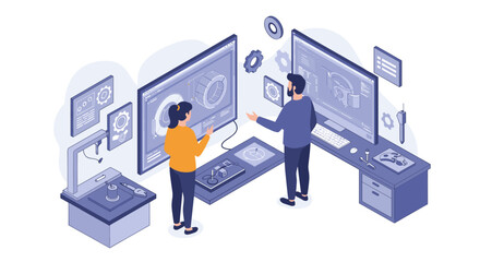 Futuristic engineering collaboration in virtual reality workspace for innovative product development vector illustration