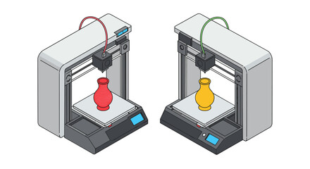 Dual 3d printers creating colorful vases for innovative manufacturing design vector illustration