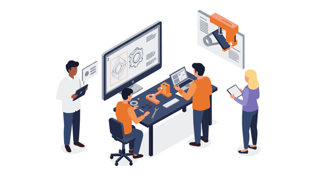 Collaborative teamwork in engineering design office with cad and 3d modeling tools vector illustration