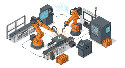 Automated robotic assembly line in modern factory setting with advanced technology vector illustration