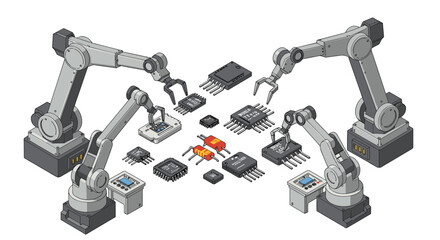 Robotic arms assembling circuit boards in technology manufacturing process vector illustration